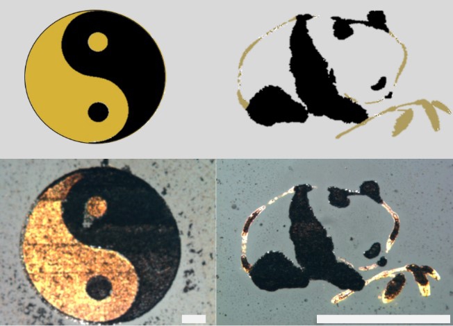 示範用兩種不同金屬（鉑金和黃金）打印圖案。左邊：太極標誌；右邊：熊貓圖案。中大提供