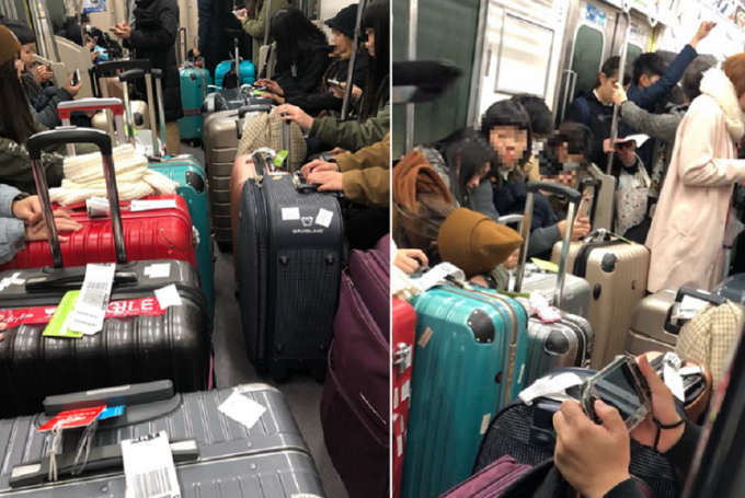 来自台湾的游客用行李箧塞满列车车厢的通道。 网上图片