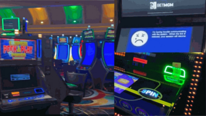 美高梅多個賭場老虎機藍屏，出現故障的訊息。