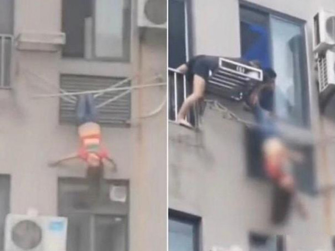 醉酒女子爬出窗外，倒挂8楼外晾衫架，邻居合力将她救回。(网图)