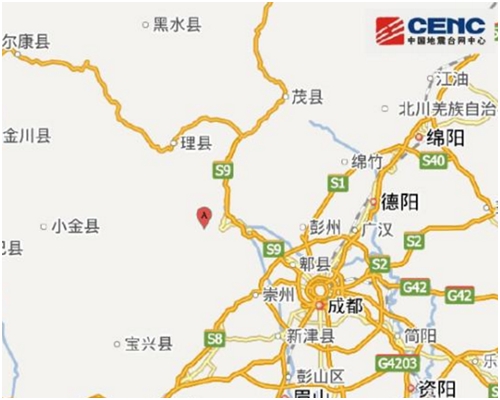 汶川县凌晨近3时24分发生4级地震，震源深度13公里。网图