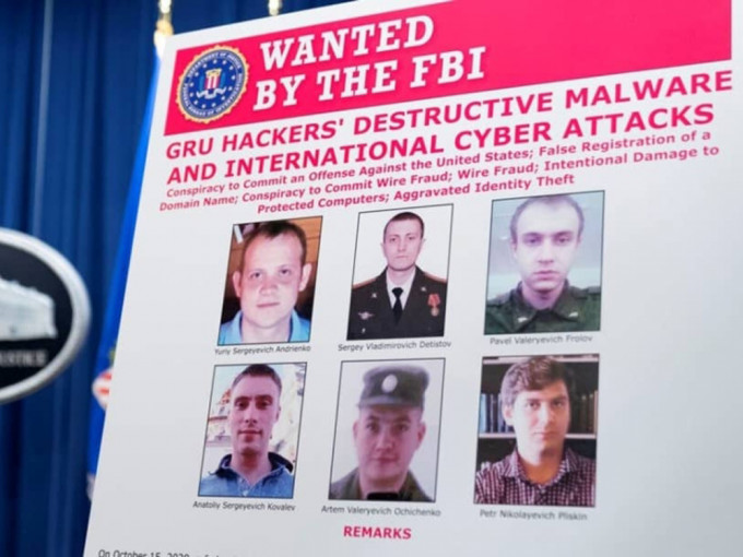 美国起诉6名俄军官，涉在全球发动网络攻击，包括企图阻碍2020东京奥运举行。AP图片