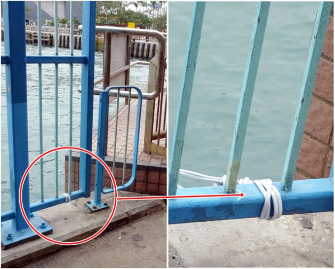事主懷疑以電線（紅圈示）掛於欄杆外上吊再跳落水。