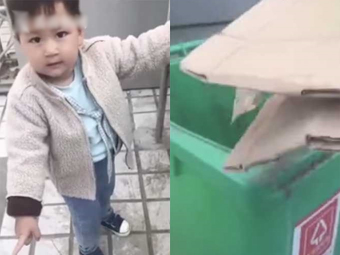 男童阻止媽媽扔紙皮。網上影片截圖