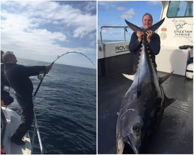 英国威尔斯一名48岁渔夫花两小时钓到228公斤蓝鳍吞拿鱼，打破当地纪录。(网上图片)
