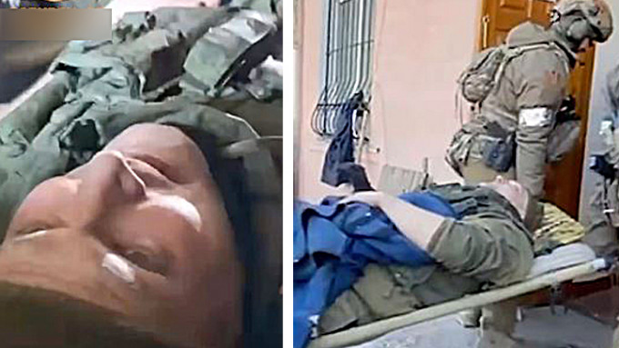 近日有影片流传，显示据称为俄罗斯一名指挥官腿部严重受伤后被担架送往医院。(影片截图)