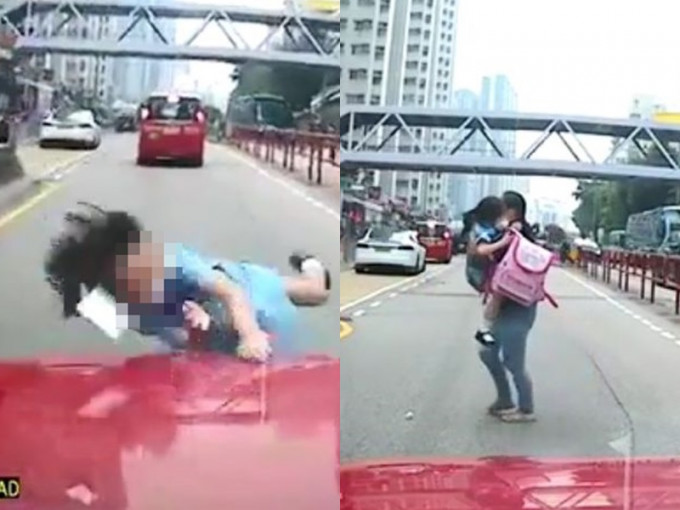 女童突然跑出马路，被的士撞至凌空抛起。影片截图