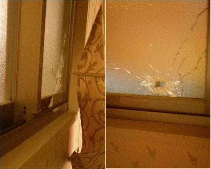 网民拍照所见流弹击中房间玻璃窗。网上图片
