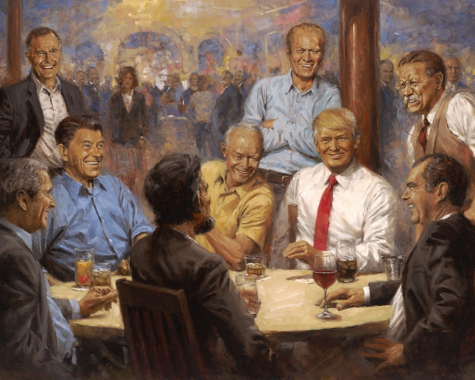 特朗普白宮辦公室新添一幅油畫，引發網民熱議。網圖