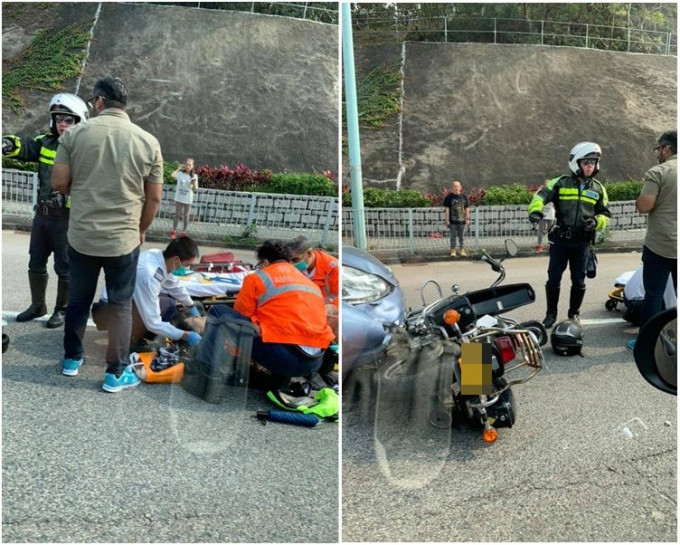 電單車上的女乘客倒地受傷。圖:Shiren Chung‎香港突發事故報料區