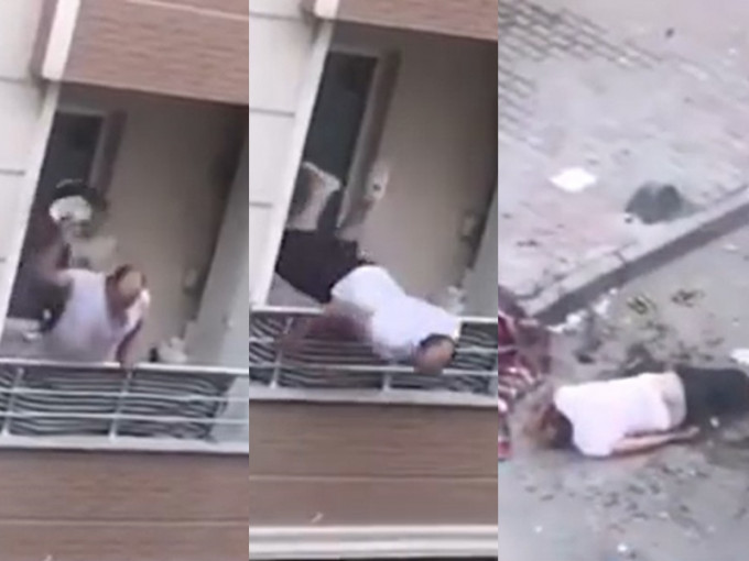 土耳其一名男子站在露台掷物竟将自己「掟落街」。 影片截图