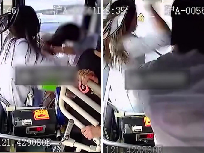 上海兩女子巴士上激烈互毆，雙雙被拘留。影片截圖
