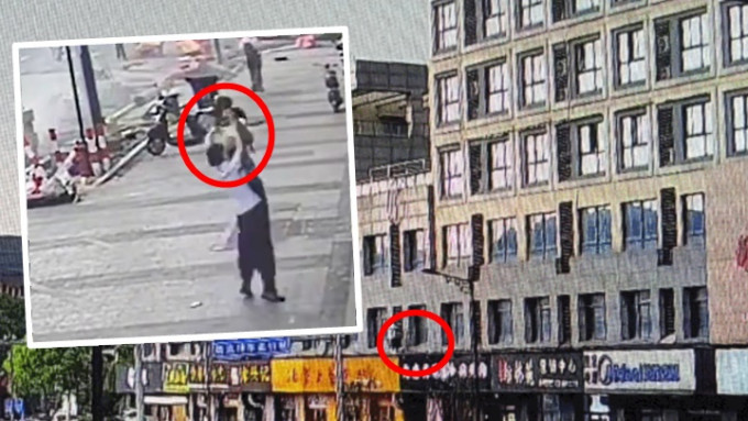 浙江一名2岁女童(红圈)意外堕到大厦招牌顶，再堕地时幸获两银行职员徒手接住。网上图片