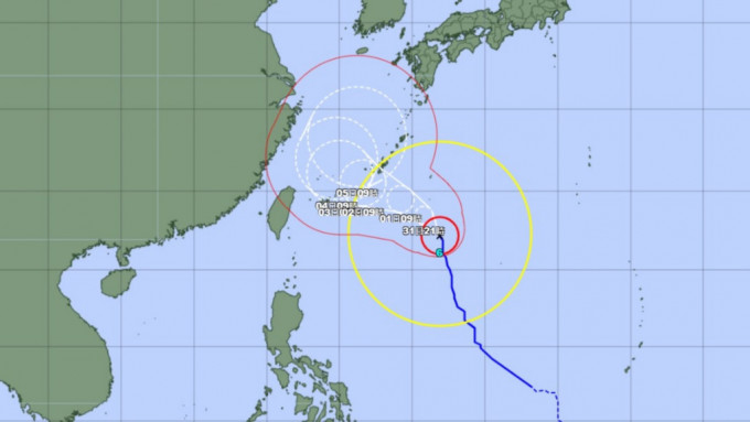 卡努现正在日本南部海域向西北偏北方向移动。日本气象厅