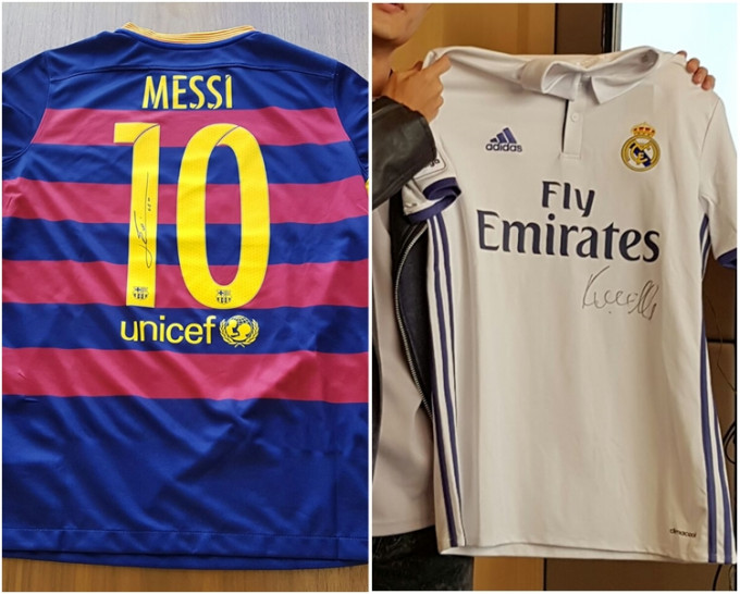 美斯签名球衣（左）；朗拿度签名球衣（右）。