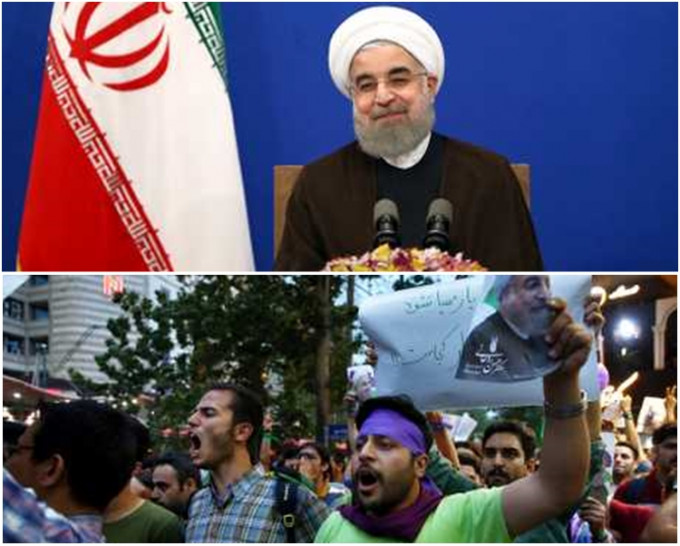 民眾上街慶祝魯哈尼（上）連任伊朗總統。AP