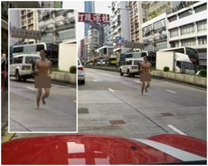 男子于马路中央裸跑，穿路车隙间。梁文辉摄