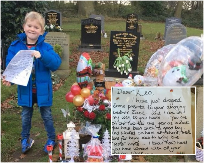 雙胞胎哥哥里奧於弟弟墓前發現一張署名聖誕老人的紙條。網圖