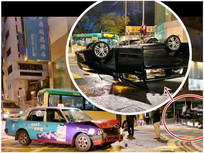 七人車四輪朝天橫亘路中（紅圈示及小圖）；的士車頭損毀。