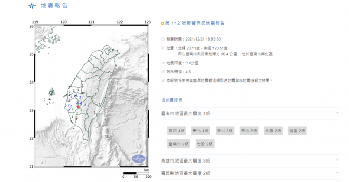 傍晚6时59分台湾发生地震。中央气象局网站截图