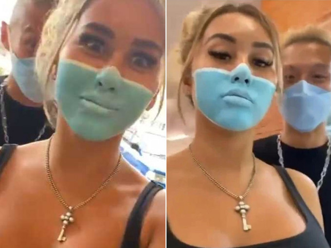 台灣網紅林啟晨（後方）在女性友人臉上繪口罩闖印尼超市，引發眾怒。（網圖）