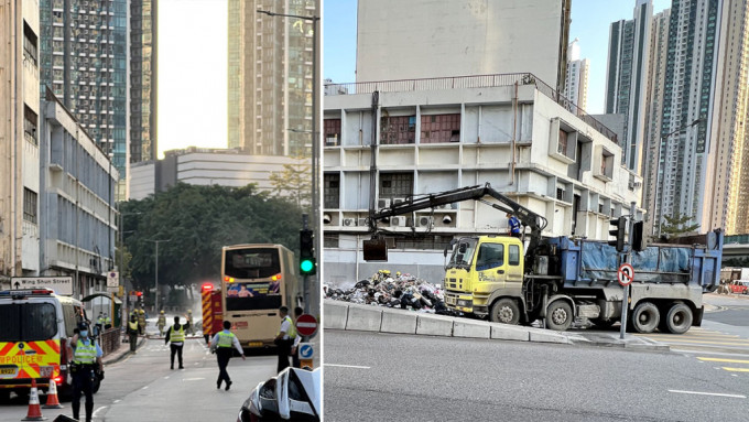 荃湾有行驶中的垃圾车车斗起火，消防到场将火救熄。读者提供