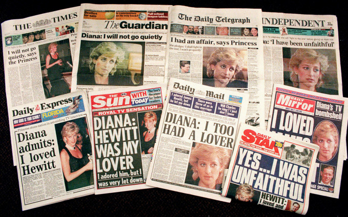 1995年戴安娜王妃接受BBC的專訪成為大多數英國報章的頭版。AP圖片