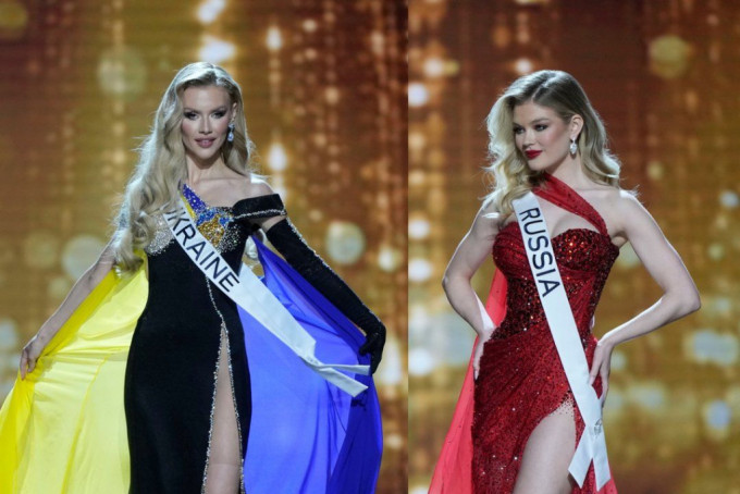 烏克蘭小姐阿帕納森科（左）與俄羅斯小姐林尼柯瓦，上周在環姐選美會上分別穿上黑色和紅色晚裝鬥麗。網上圖片
