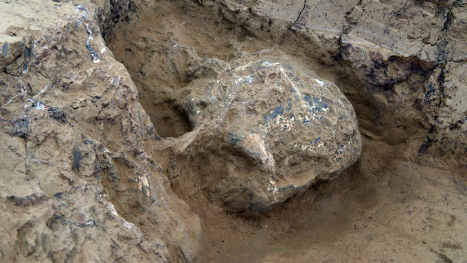 湖北十堰學堂梁子遺址，近日發現一具古人類頭骨化石。新華社