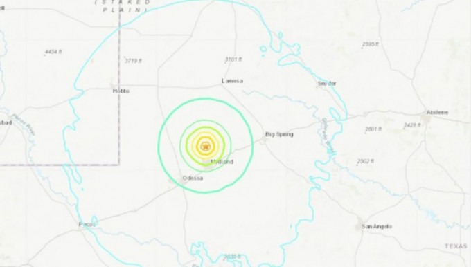 米德蘭市以北至西北發生5.4級地震。網圖