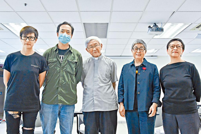 「612人道支援基金」五名信托人，（左起）何韵诗、许宝强、陈日君、吴霭仪及何秀兰，日前涉嫌干犯《香港国安法》被捕。