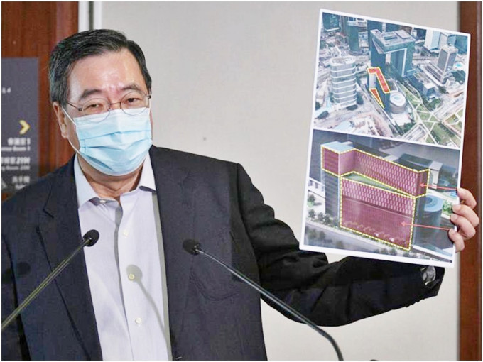 梁君彥表示，立法會大樓現址將加建4層，1樓露天花園（圖中三角位置）增建10層。