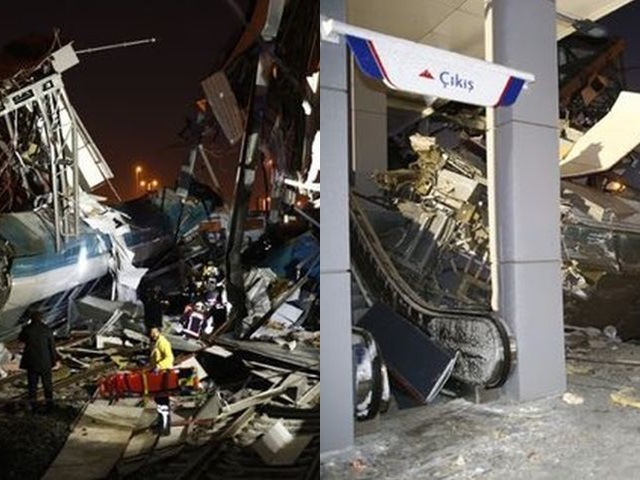 土耳其一列高速火車今早在首都安卡拉一個車站失控撞向一條天橋。網圖