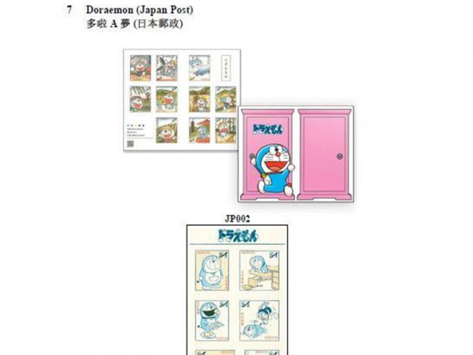 《多啦A梦》漫画系列作邮票发行两款贴纸式邮票。图:香港邮政