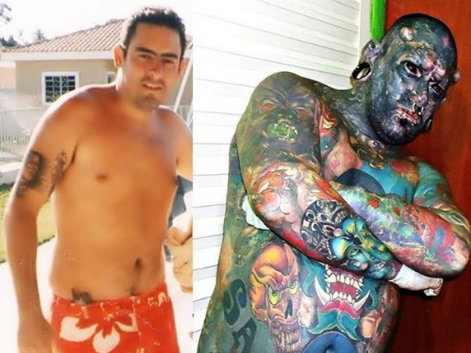 巴西纹身师奥利维利亚经多次纹身及整容，变成像「半兽人」一样。caveira5555 IG图片
