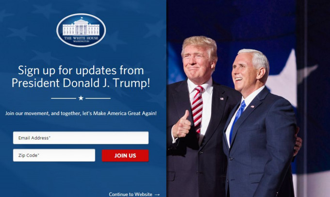 白宮在特朗普正式就職後更新官方網頁的內容。網圖
