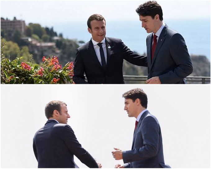 網民笑言：「杜魯多（右）和馬克龍顯然飛到西西里拍攝結婚照片。」網圖