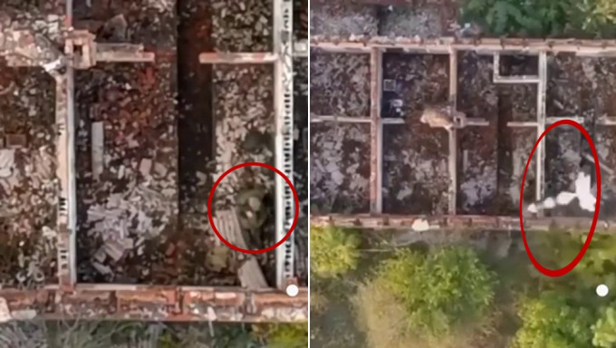 兩俄兵疑似「人體連結中」（左圖），遭烏無人機投彈（右圖）。影片截圖