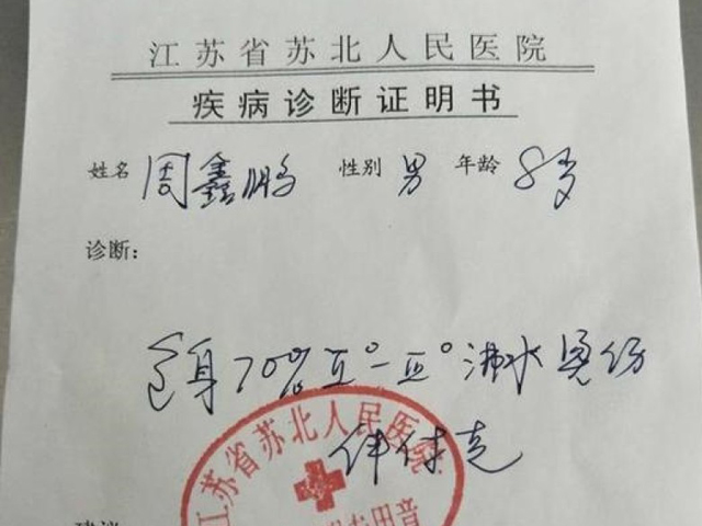 診症書寫著鵬鵬全身七成皮膚被燙傷。 網圖