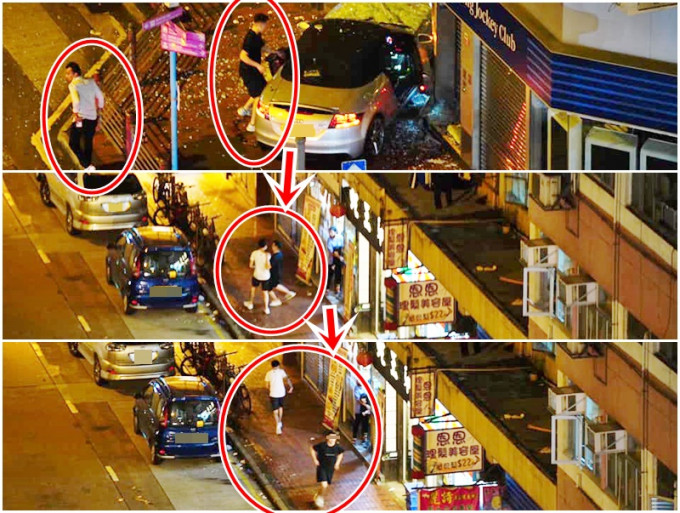 奧迪上兩名分別穿白衣及黑衣的男子棄車沿上海街逃離現場。fb「馬路的事討論區」Hodge Lau圖片