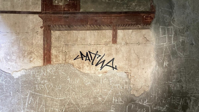 意大利南部古城赫库兰尼姆一处古民居墙面遭荷兰游客签名涂鸦。 路透社