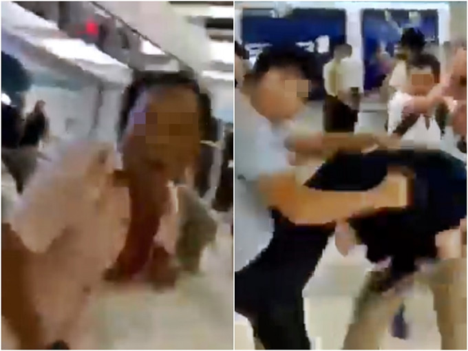 中年男持木棍向女記者施襲（左）；黑衣男被圍毆。立場新聞影片截圖