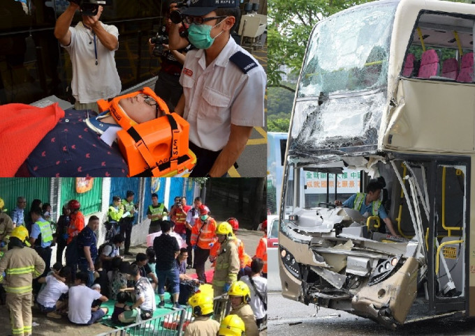 斧山道運動場對開兩巴士相撞，現場一名巴士司機被困車上。黃文威攝/左下圖取自香港突發事故報料區fb群組