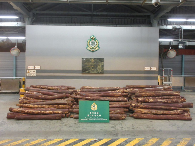 海关检获约1万4300公斤怀疑紫檀木材，估计市值约850万元。政府新闻处图片