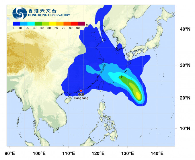热带气旋较大机会趋向中国东南沿岸。天文台热带气旋路径概率预报