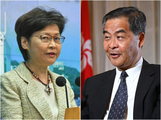 现任特首林郑月娥(左)、已晋身全国政协副主席的梁振英(右)。资料图片