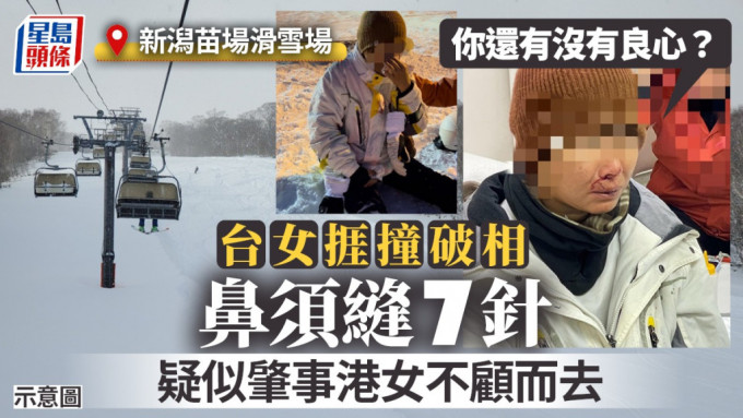 台湾女遭疑似港人撞爆鼻。(facebook：「SNOWKON滑雪控」)