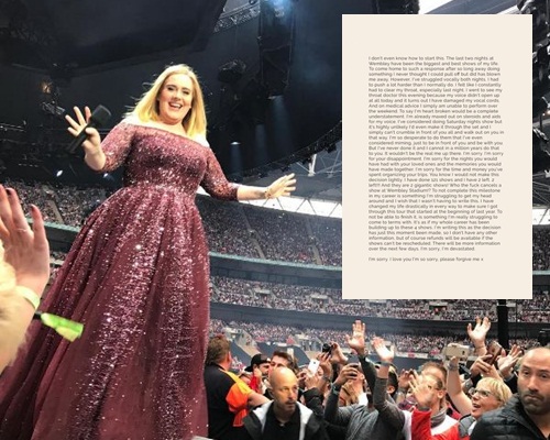 Adele发公开信遗憾表示因失声取消今明两晚最后演出。