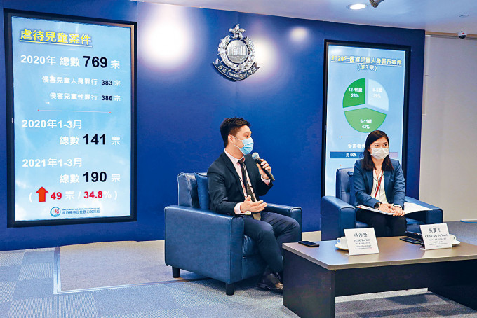 总督察张宝月（右）和临牀心理学家冯浩坚（左）讲解虐儿情况。