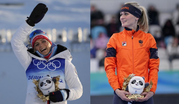 约夏芝（左图）与舒侯茵两名美女，在北京冬奥首天勇夺金牌。AP